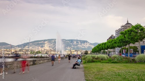 sunny evening geneva city famous lakeside walking bay panorama 4k timelapse switzerland