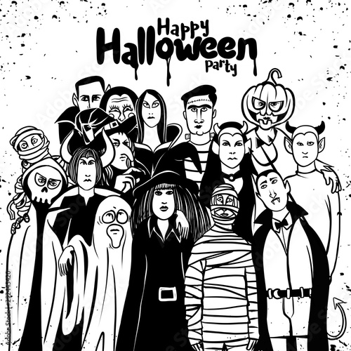 Halloween party with people in different monster costume , vector illustration