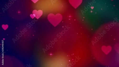 Abstract dark red blurred background with flying love hearts. Looped animation.