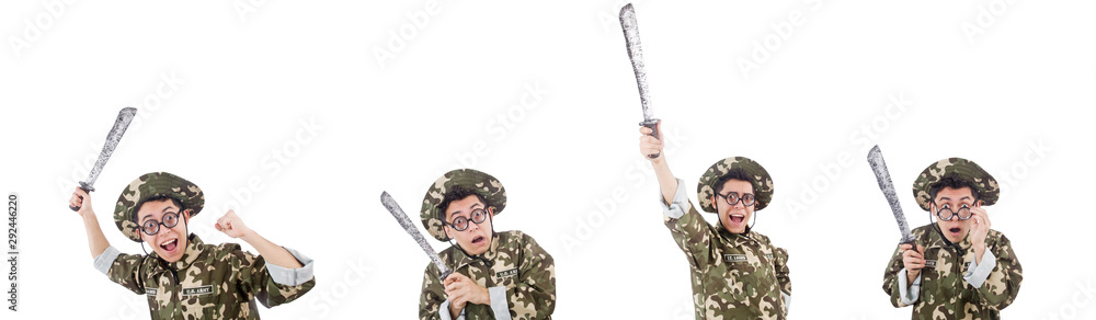 Funny soldier with knife on white Funny soldier with knife on white