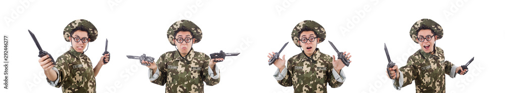 Funny soldier with knife on white Funny soldier with knife on white