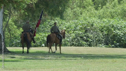 Civil War Union Soldiers on Horseback with Flag Slow Motion