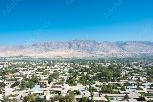 Panjakent, Tajikistan - Aug 27 2018- Panjakent City view from Remains of Ancient Panjakent in Panjakent, Tajikistan. photo