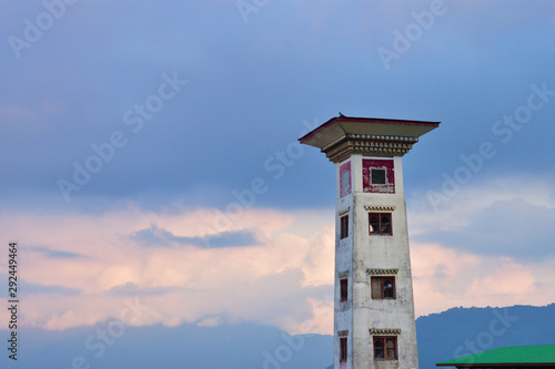 Gedu concrete Tower, a typical bhutanese style tower in the small town Gedu, Bhutan.