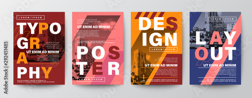 Set of Modern Graphic Design Poster layout. Typography on diagonal grid with red, orange and blue background. Brochure, Flyer, leaflet, Annual report, Book cover, banner. Template in A4 size.
