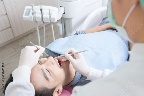 Dentists with a patient during a dental intervention. Dentist Concept