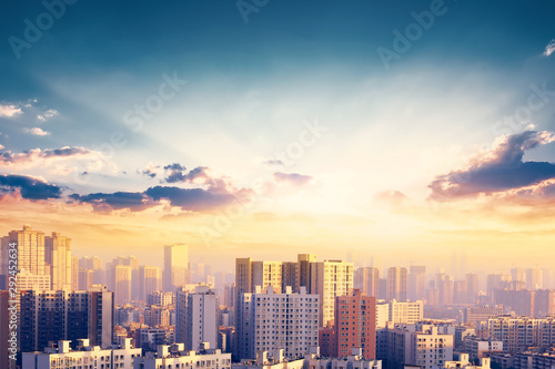 World Cities Day concept: city skyline at sunset