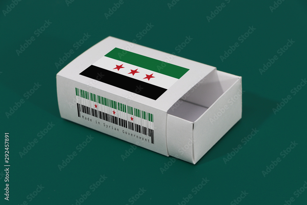 Syrian Government flag on white box with barcode and the color of nation flag on green background, paper packaging for put match or products. Syrian Government flag on white box with barcode and the color of nation flag on green background, paper packaging for put match or products.