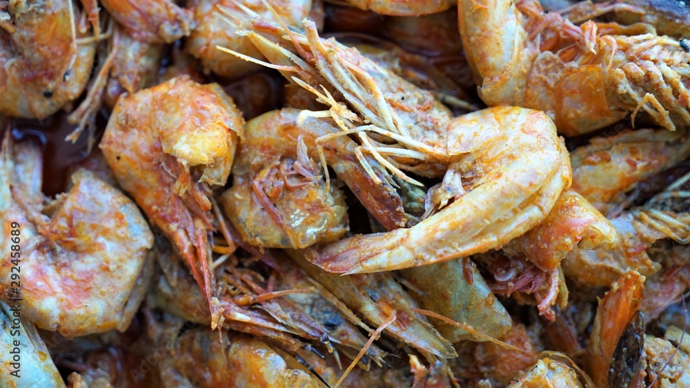 close up view on fried shrimp in the market close up view on fried shrimp in the market