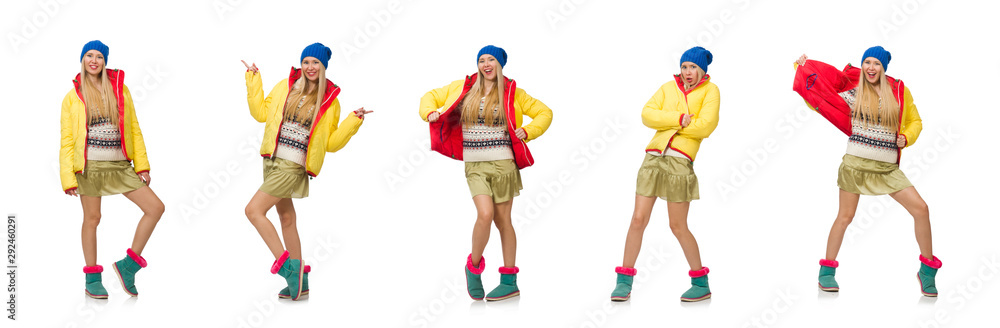 A girl in bright winter clothes isolated on white A girl in bright winter clothes isolated on white