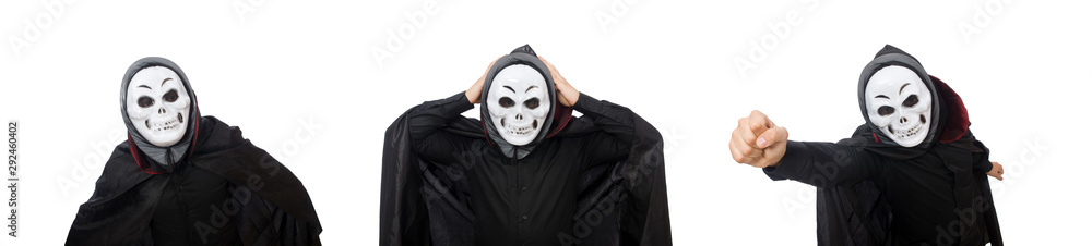 Man in horror costume with mask isolated on white Man in horror costume with mask isolated on white