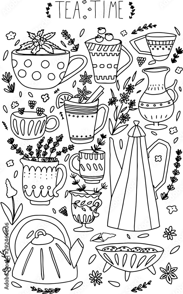 Hand drawn teapot and cup collection with herbs and flowers. Vector colorful tea cups, coffee cups and teapots isolated on white background with lavender, peppermint, raspberry, cranberry and cookies. Hand drawn teapot and cup collection with herbs and flowers. Vector colorful tea cups, coffee cups and teapots isolated on white background with lavender, peppermint, raspberry, cranberry and cookies.