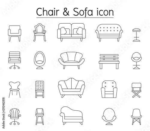 Chair and sofa icon set in thin line style