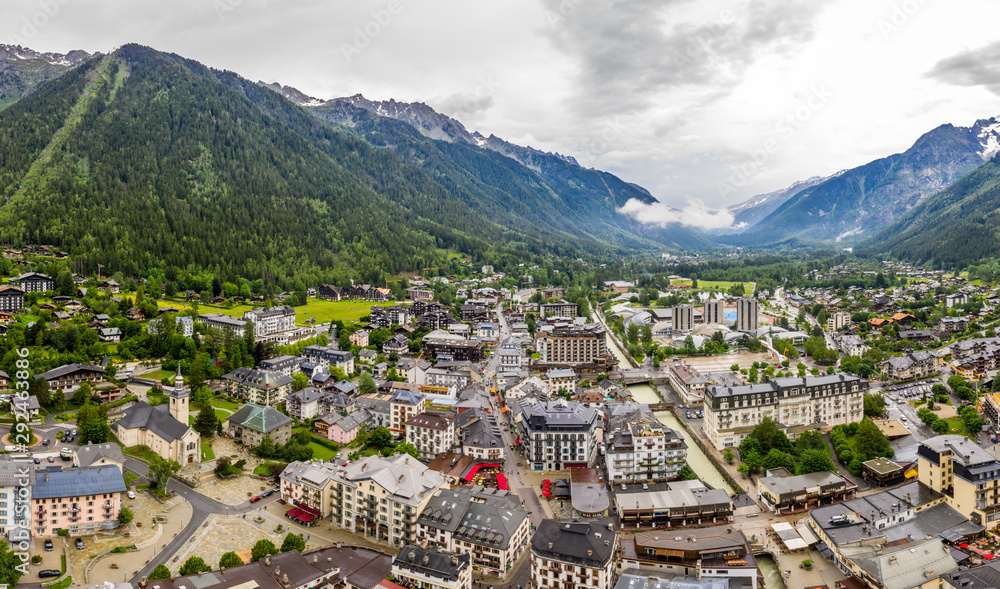 Amazing drone view of town and village in Chamonix valley