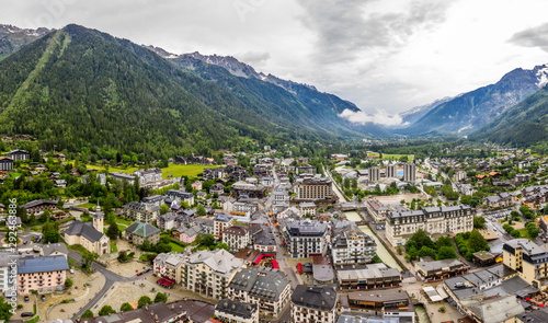 Amazing drone view of town and village in Chamonix valley