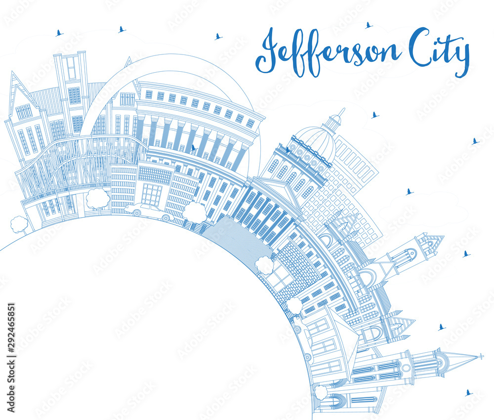 Outline Jefferson City Missouri Skyline with Blue Buildings and Copy Space.