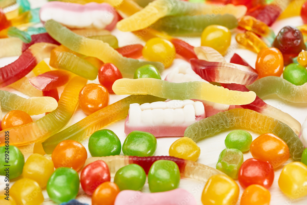 close up view of colorful gummy spooky Halloween sweets close up view of colorful gummy spooky Halloween sweets
