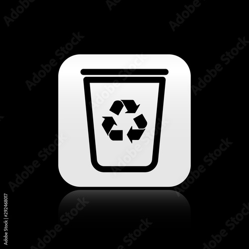 Black Recycle bin with recycle symbol icon isolated on black background. Trash can icon. Garbage bin sign. Recycle basket sign. Silver square button. Vector Illustration