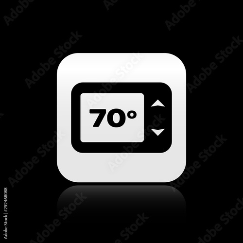 Black Thermostat icon isolated on black background. Temperature control. Silver square button. Vector Illustration