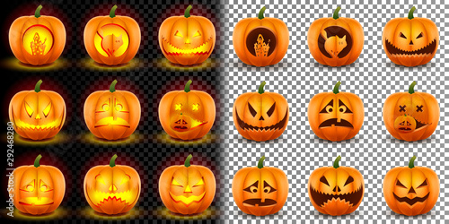 Happy Halloween Realistic pumpkin big set. For the design of the traditional October 31 holiday. Two types: glowing pumpkins and non-glowing on a transparent background, isolated. Vector.