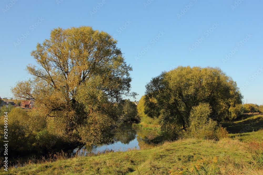 A picturesque little river between the trees on shores on blue clear sky background, Russian nature