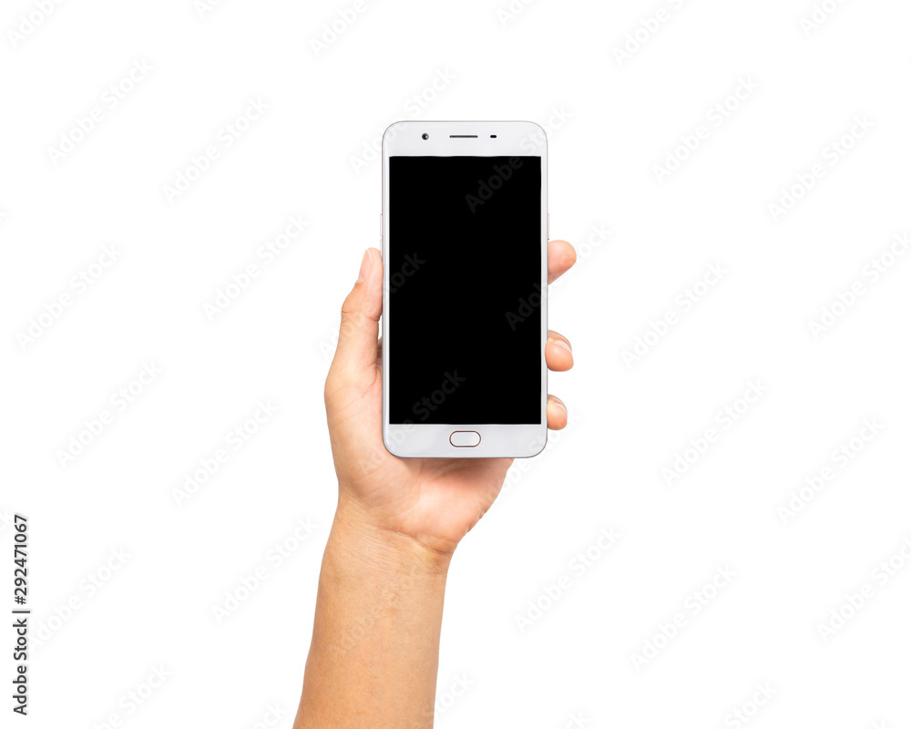 close up hand hold smartphone isolated on white background. man hand holding smartphone device and touching screen. close up hand hold smartphone isolated on white background. man hand holding smartphone device and touching screen.
