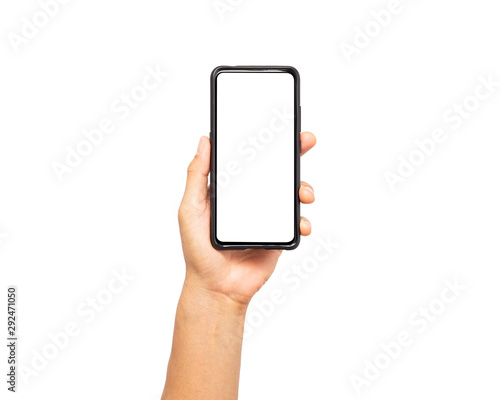 close up hand hold smartphone isolated on white background. man hand holding smartphone device and touching screen.