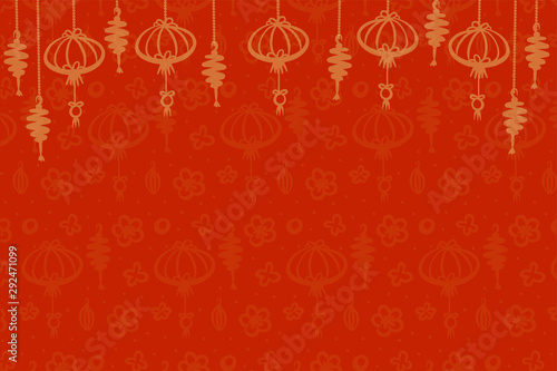 Vector pattern with hand drawn chinese decoration elements, golden on red background for Chinese or Japan new year holiday party invitation, celebration greeting card, asian paper or printing