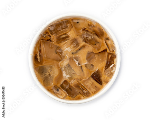 Iced coffee in a paper cup isolated on white background from top view