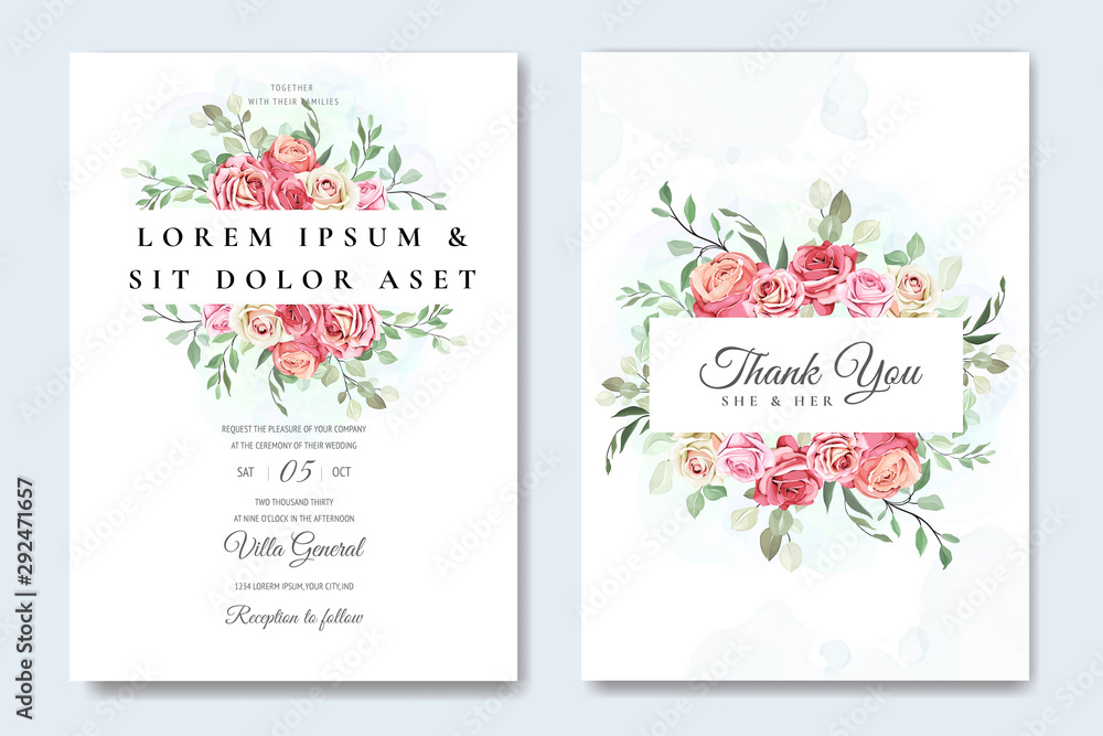 wedding and invitation card with floral and leaves template