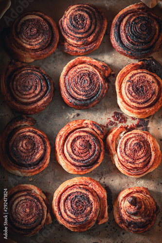 Traditionally cinnamon rolls made of puff pastry and cocoa