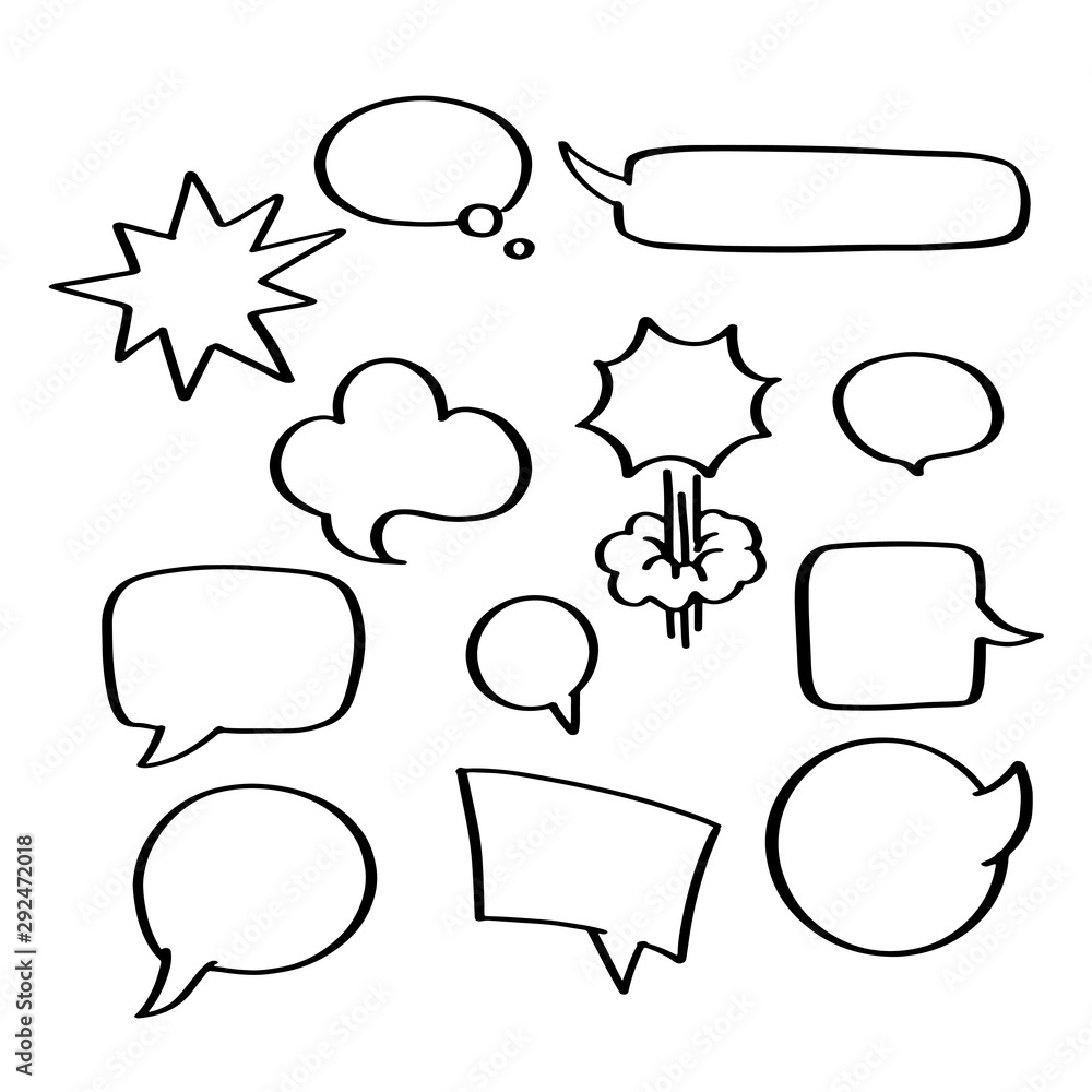 Vector set of hand drawn speech bubbles. Empty comic sticker without text of different shapes - square, circle or round, cloud, boom and bam, rectangle message. Blank doodle tag for price of dialogue