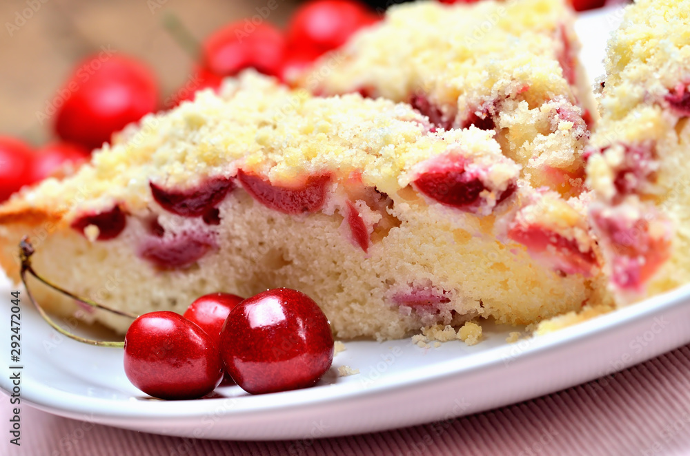 Traditional Czech souffle cake with cherries. Close-up view. Traditional Czech souffle cake with cherries. Close-up view.