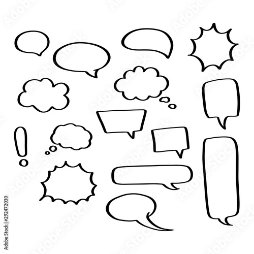 Vector set of hand drawn speech bubbles. Empty comic sticker without text of different shapes - square, circle or round, cloud, boom and bam, rectangle message. Blank doodle tag for price of dialogue