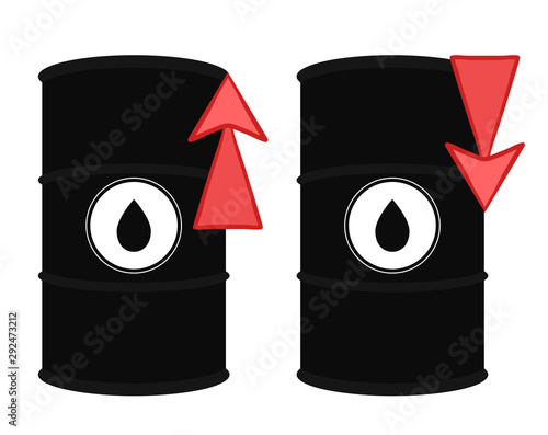Rise and decline in price of oil market prices. Set of vector illustrations of oil barrel and red up and down arrow. Increasing demand. Fuel shortage. The object is separate from the background