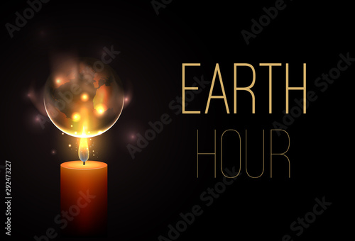 Earth Hour. Time without electricity. Nature conservation. Ecological problem of planet pollution. Vector horizontal card with realistic burning candle, flame and planet Earth on dark background.