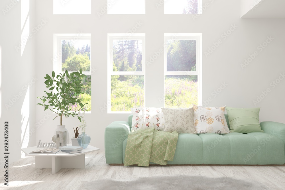 Stylish room in white color with sofa and summer landscape in window. Scandinavian interior design. 3D illustration Stylish room in white color with sofa and summer landscape in window. Scandinavian interior design. 3D illustration