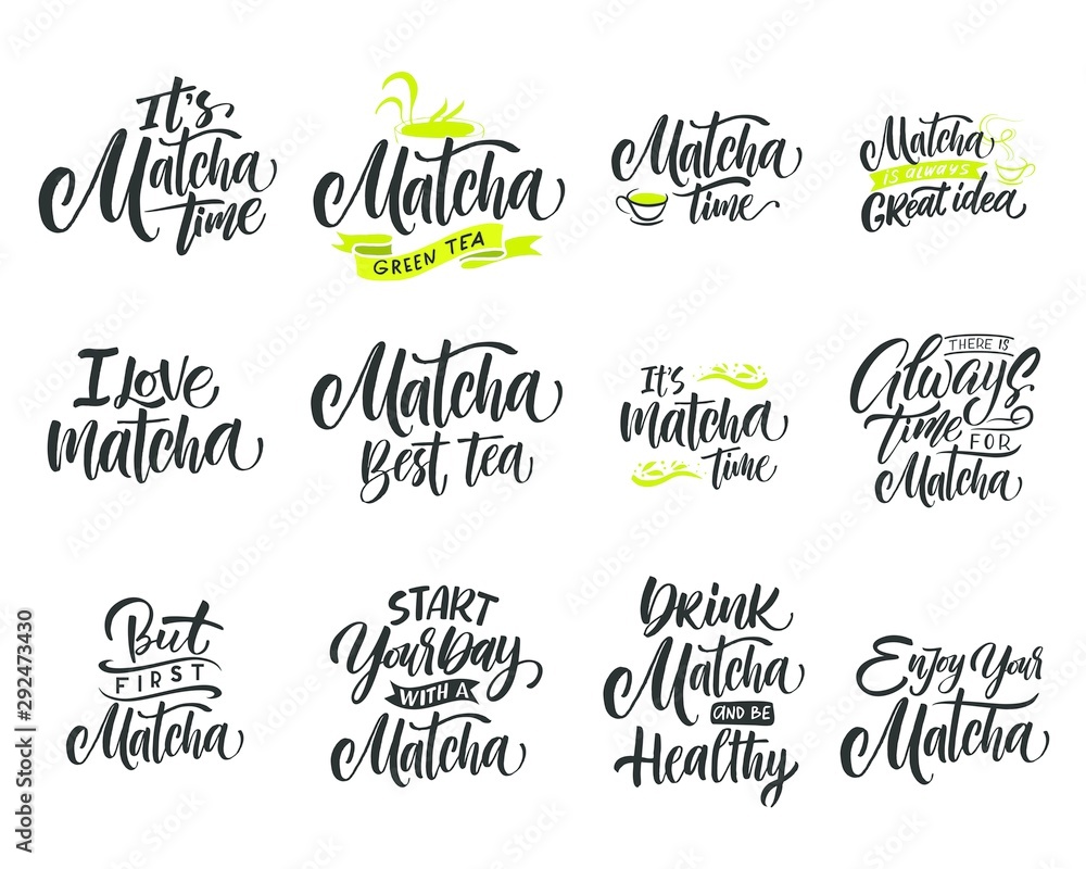 Matcha tea. Hand drawn lettering set about matcha tea.  Lettering cards. Can be used for shop, banner, poster
