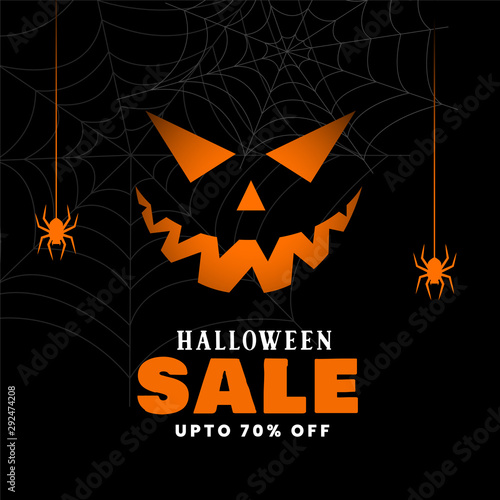 happy halloween sale black background with spiders and ghost face