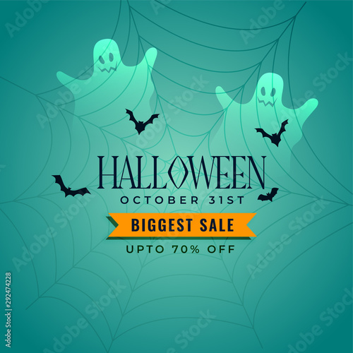 halloween sale banner with ghosts and flying bats