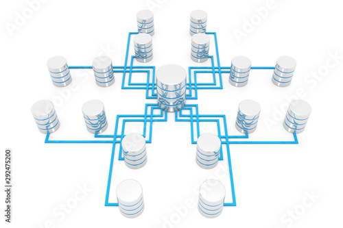 Network database concept with hosting data devices connected. 3d render