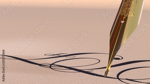 3D rendering of antique golden fountain pen tip over paper photo
