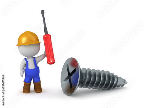 3D Character in Worker Overalls with Screwdriver and a Large Screw photo