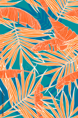 Banana and palm leaves. Seamless texture with tropical foliage. Design element, banner for travel and tourism industry, summer sale, print on fabric and textile.