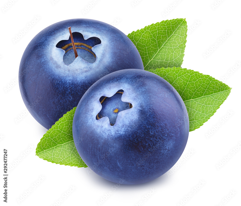 Obraz premium Group of ripe sweet blueberries with leaves isolated on white background.