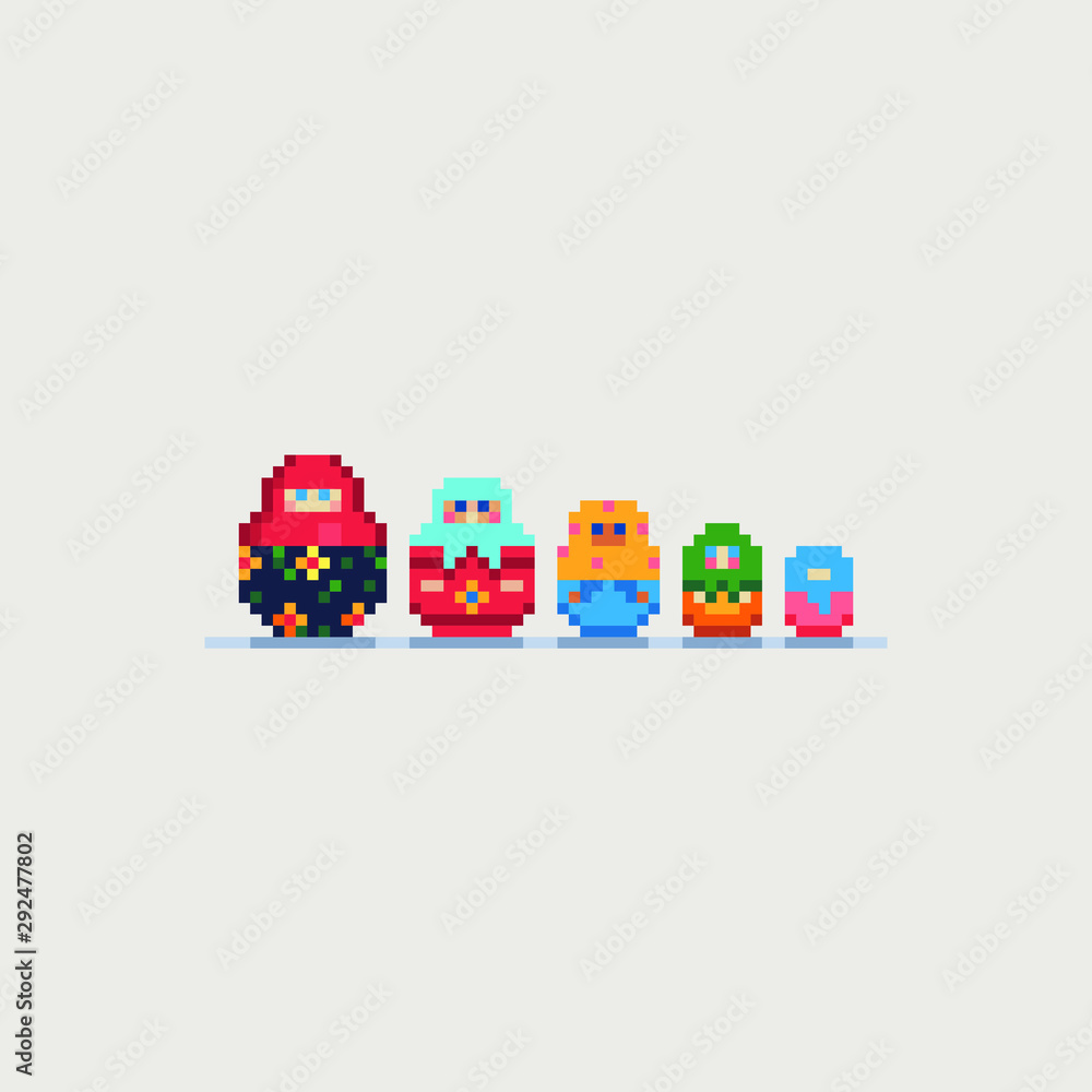 Nesting dolls pixel art icons, russian matryoshka, souvenir, traditional symbol of Russia, design for sticker, logo shop, mobile app. Isolated vector illustration. Game assets 8-bit sprite.