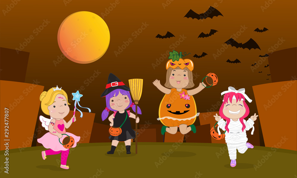 Fototapeta premium Halloween illustration set. A group of girls in Halloween costume enjoying Halloween night on a orange background.