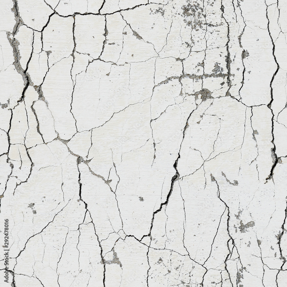 Seamless texture of cracked plaster. Old white concrete wall with many splits