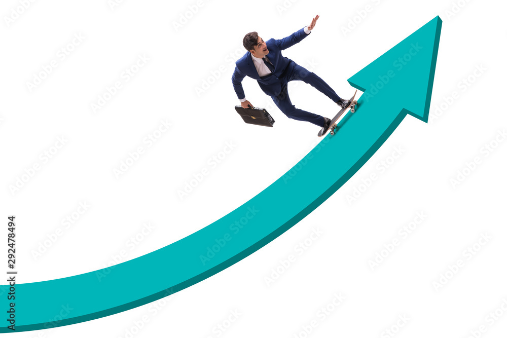 Businessman riding skateboard on financial graph Businessman riding skateboard on financial graph