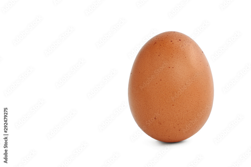 Chicken brown egg isolated on white background. Raw hen egg with speckles and pimples on the shell, standing upright. Сopy space Chicken brown egg isolated on white background. Raw hen egg with speckles and pimples on the shell, standing upright. Сopy space